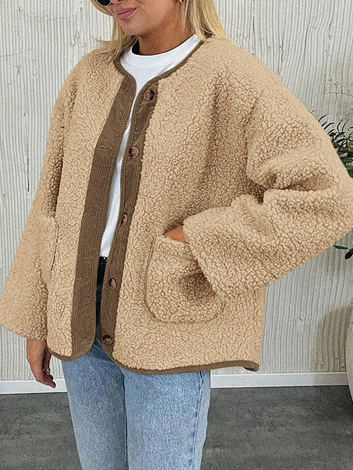 Emily Button Up Sherpa Jacket with Pockets