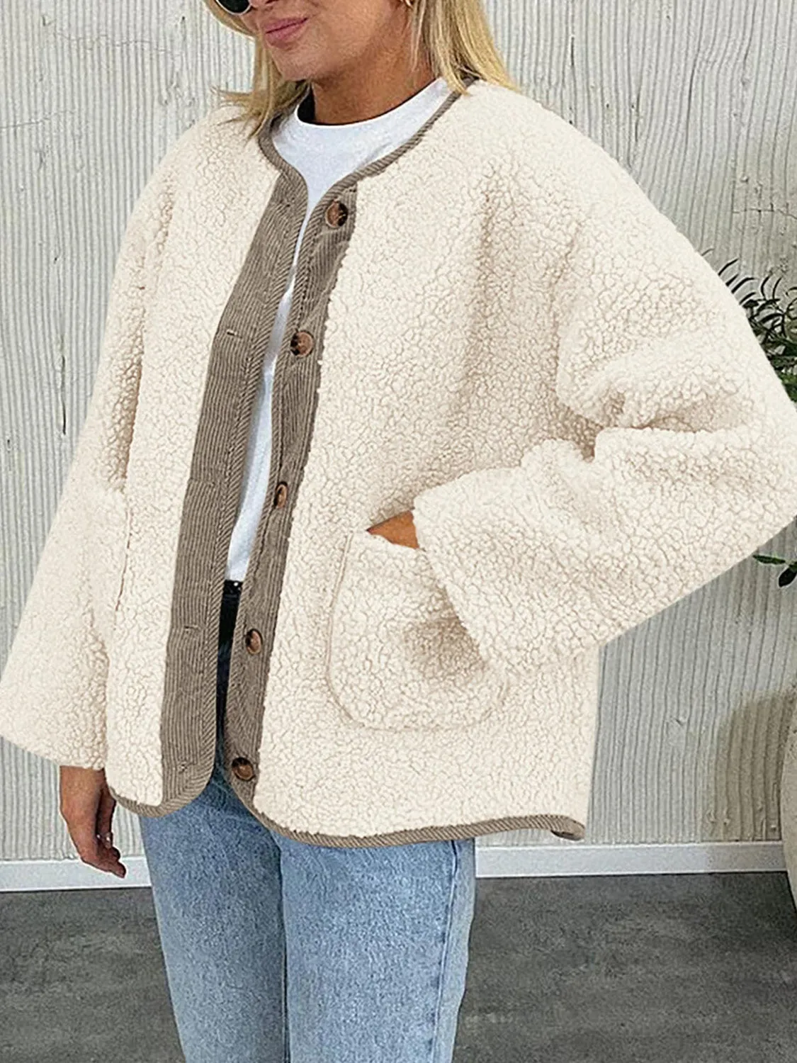 Emily Button Up Sherpa Jacket with Pockets