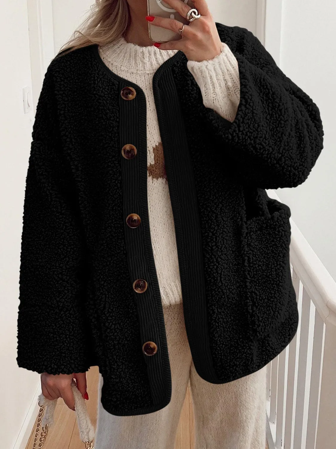 Emily Button Up Sherpa Jacket with Pockets