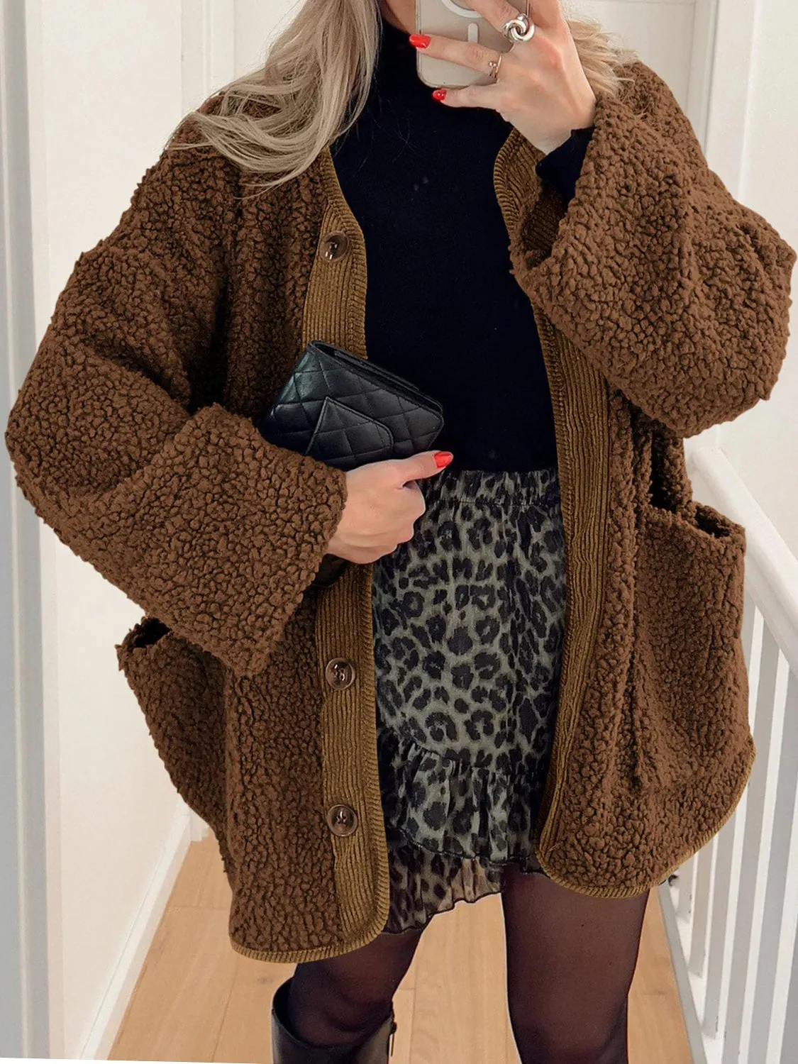 Emily Button Up Sherpa Jacket with Pockets