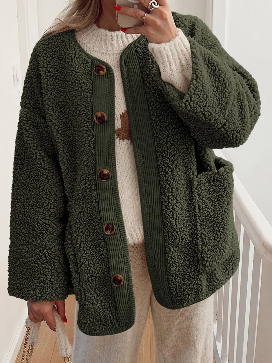 Emily Button Up Sherpa Jacket with Pockets