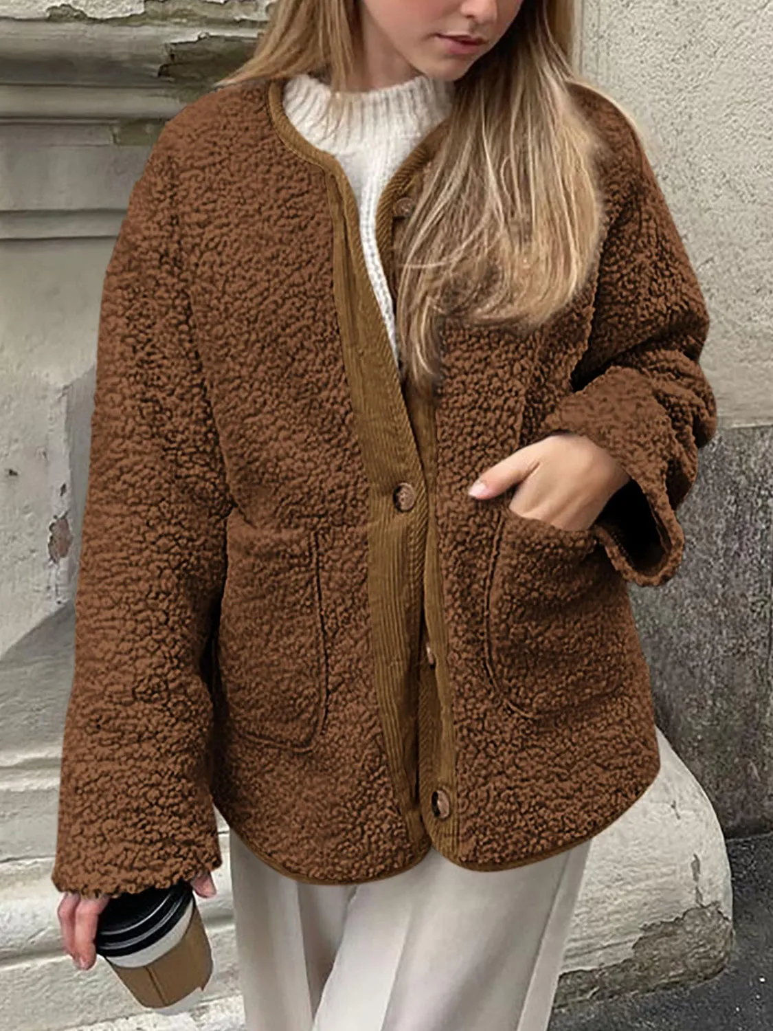 Emily Button Up Sherpa Jacket with Pockets
