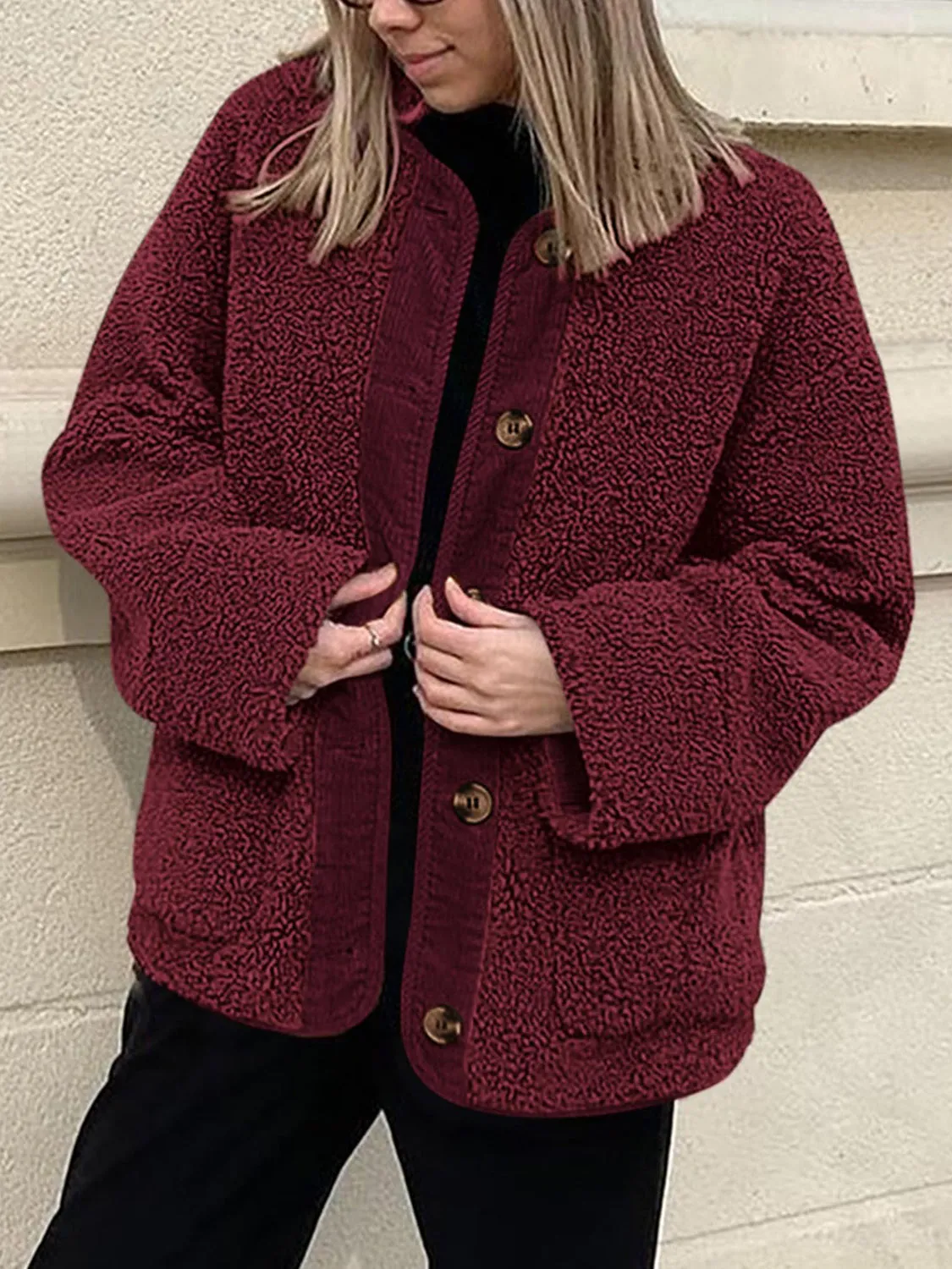 Emily Button Up Sherpa Jacket with Pockets