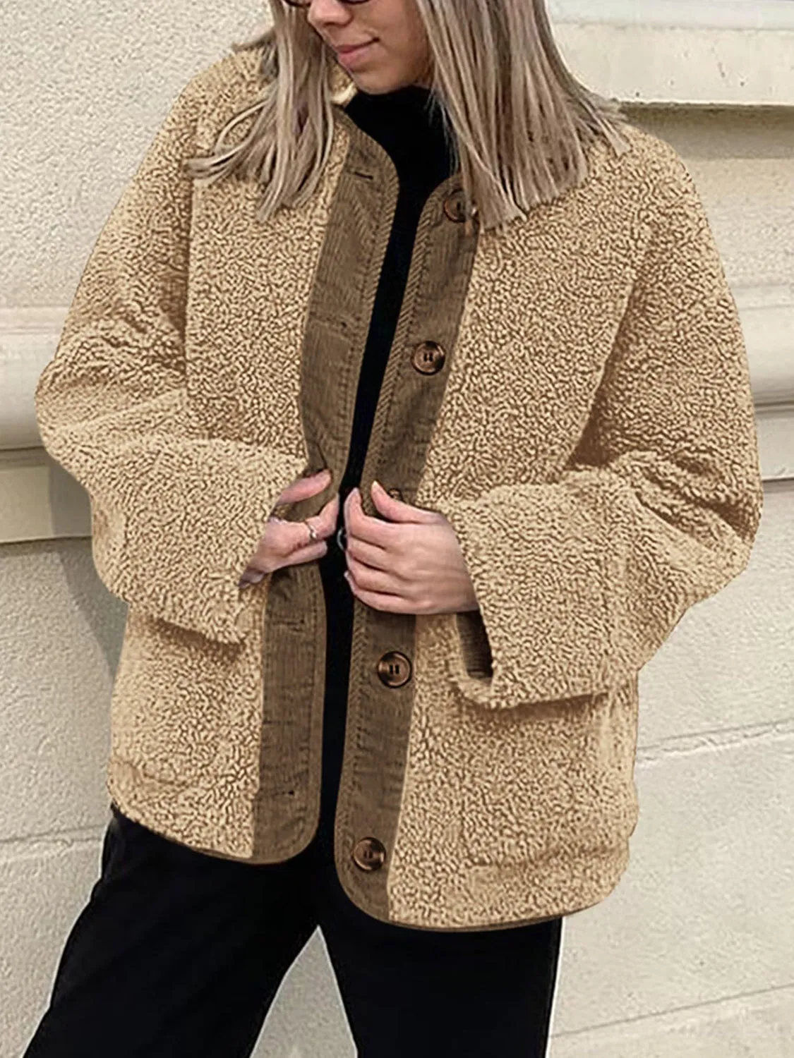 Emily Button Up Sherpa Jacket with Pockets