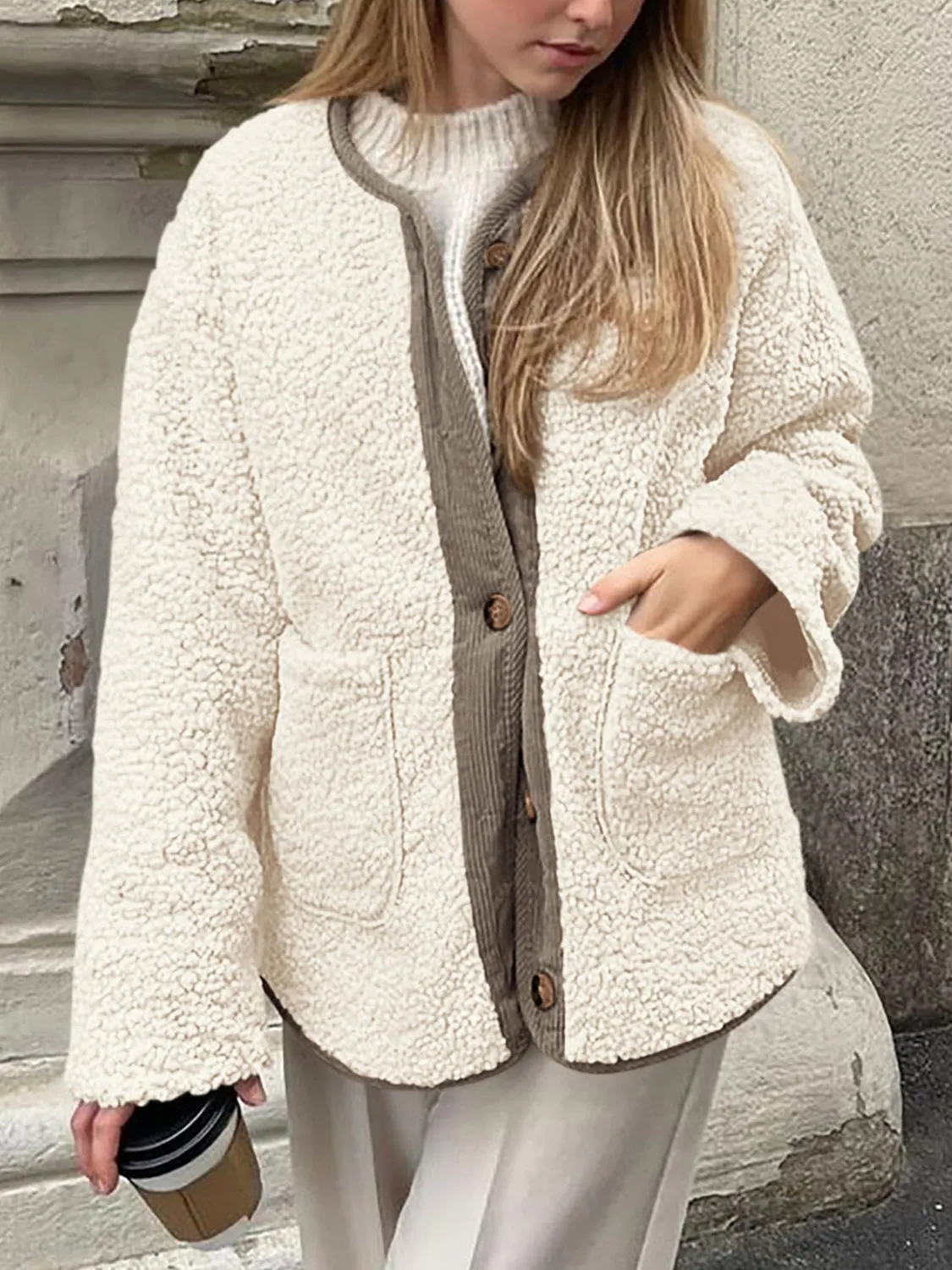 Emily Button Up Sherpa Jacket with Pockets