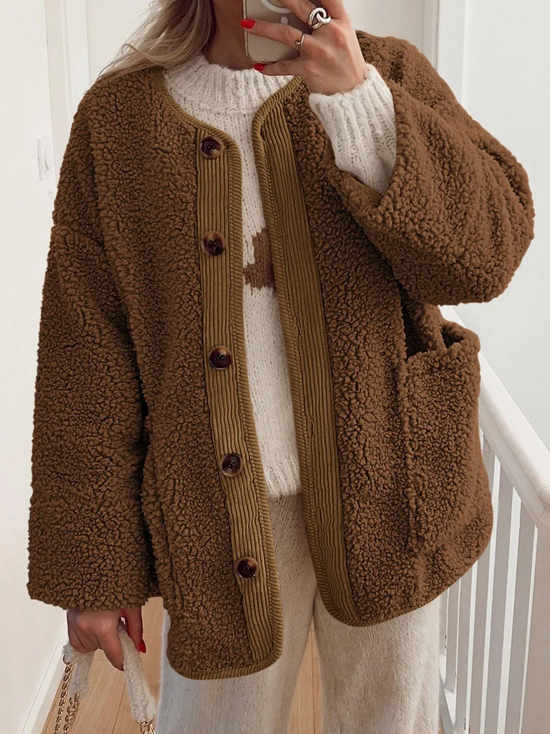Emily Button Up Sherpa Jacket with Pockets