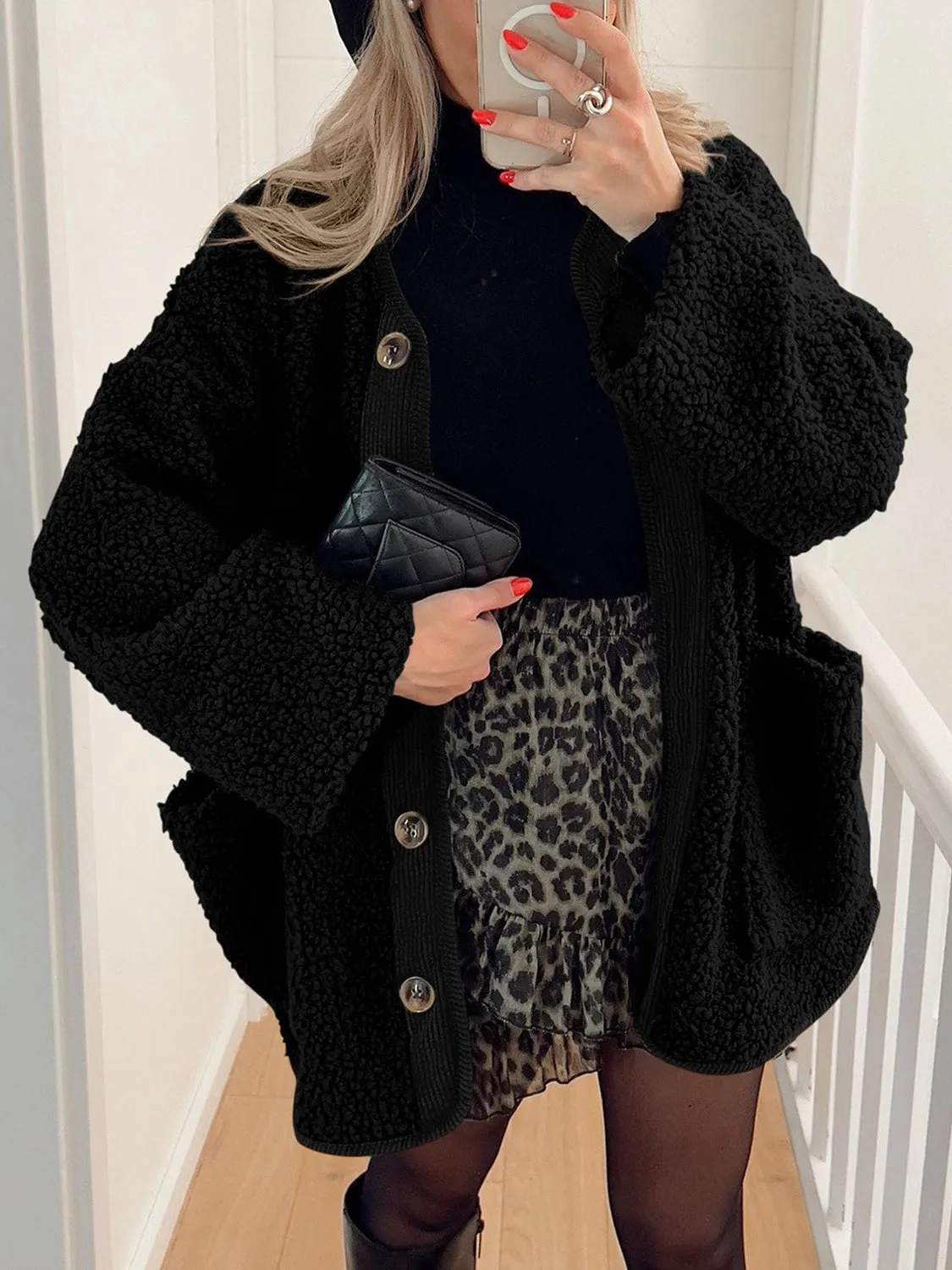 Emily Button Up Sherpa Jacket with Pockets