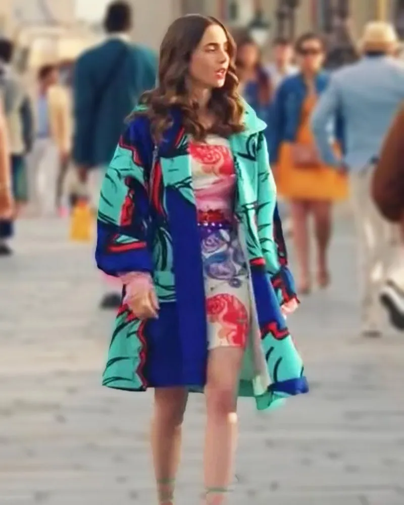 Emily In Paris S02 Lily Collins Blue Printed Coat