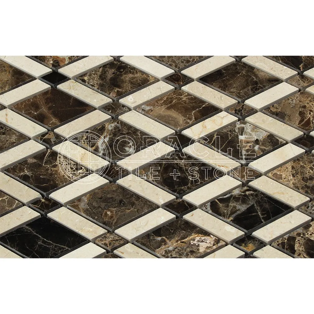 Emperador Dark Spanish Marble Lattice (Emperador Dark   Crema Marfil) Mosaic Tile, Polished