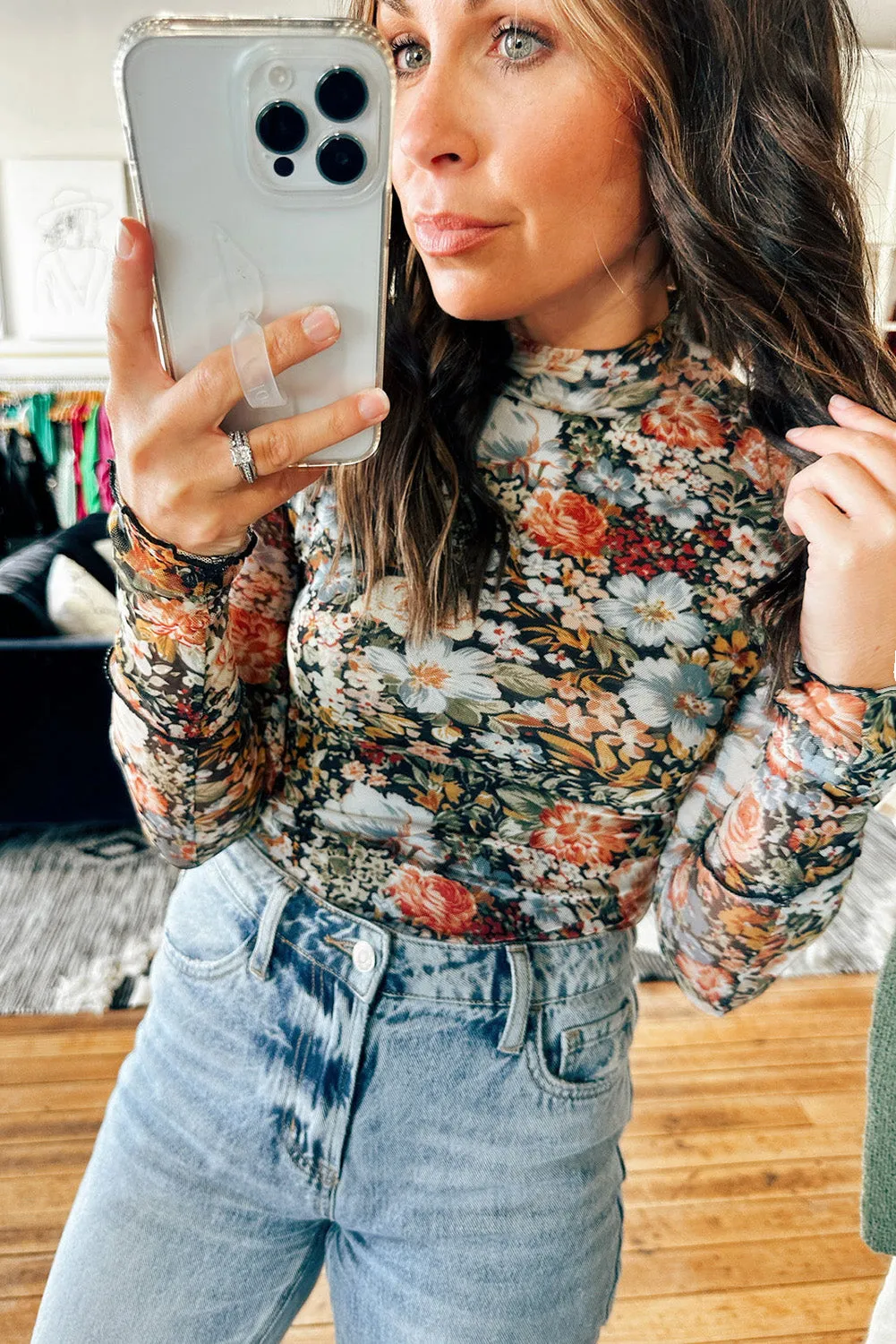 Floral Mesh High Neck Long Sleeve Blouse