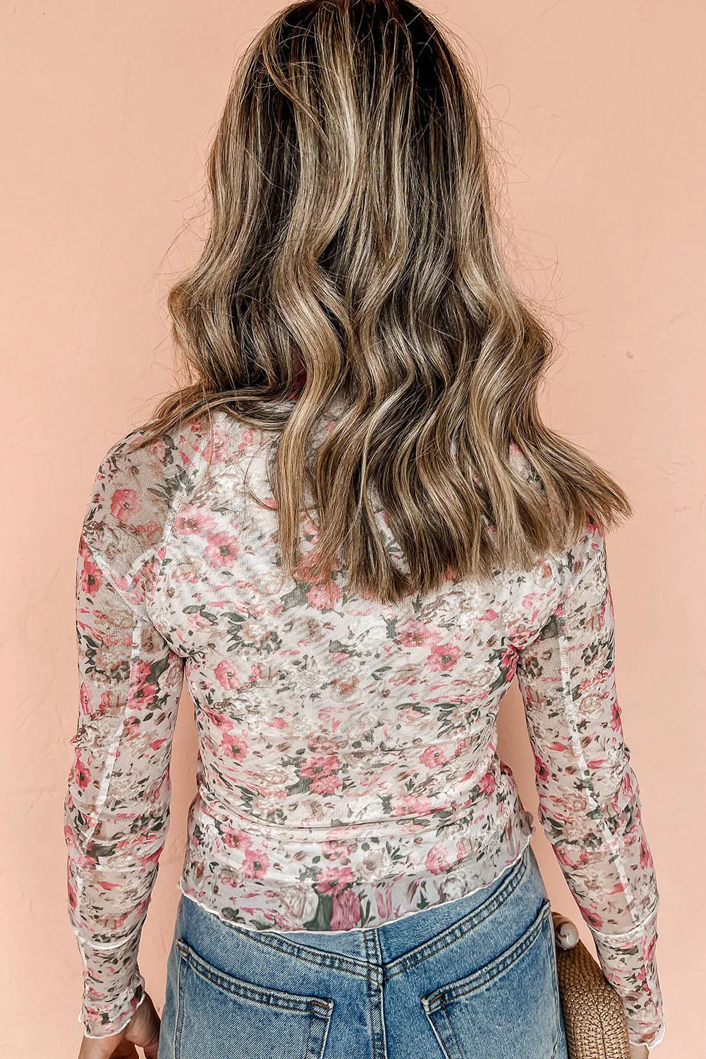 Floral Mesh High Neck Long Sleeve Blouse