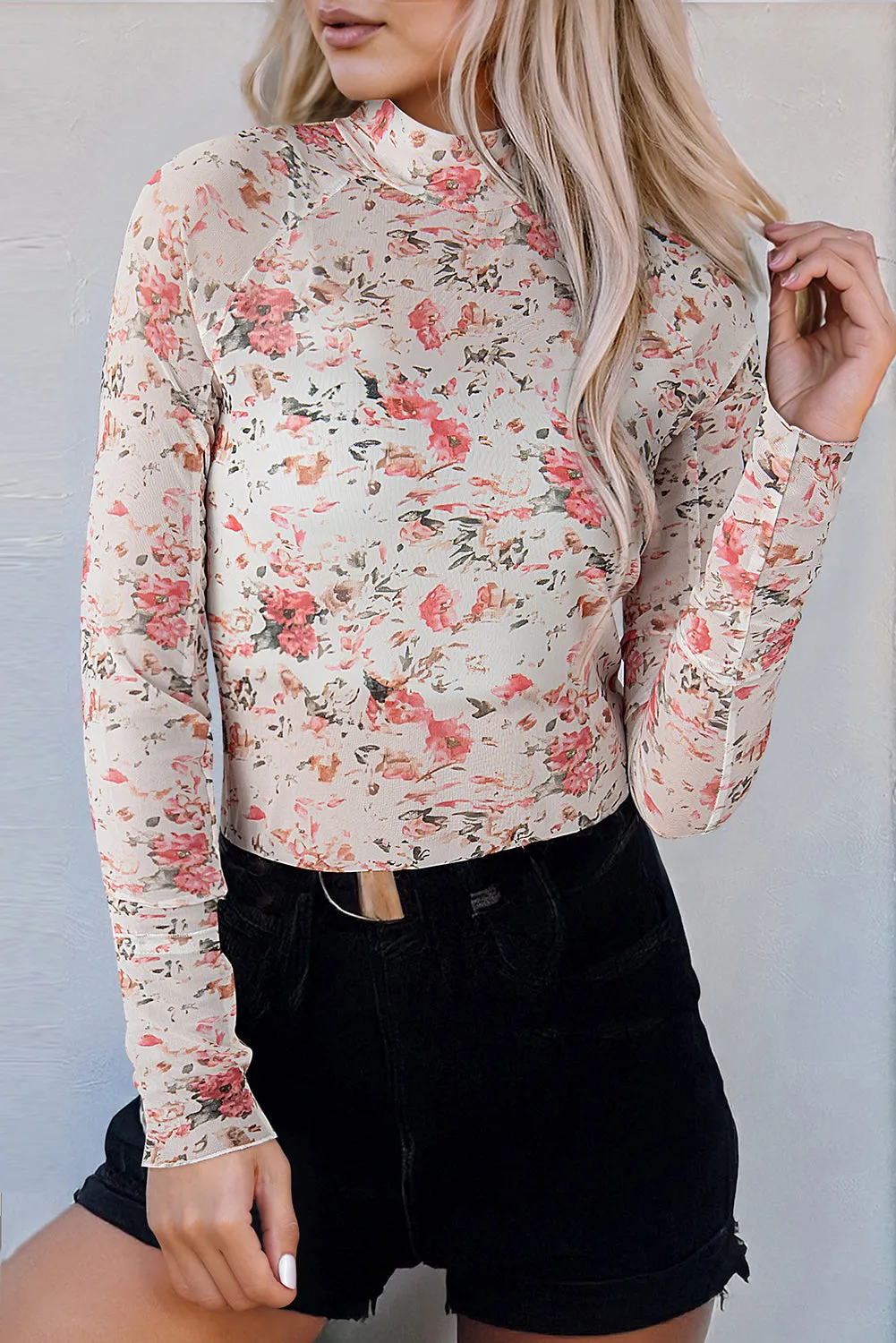 Floral Mesh High Neck Long Sleeve Blouse