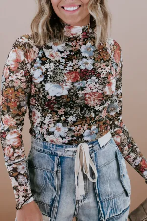 Floral Mesh High Neck Long Sleeve Blouse
