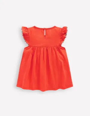 Frill Sleeve Pom Top-Coral Orange