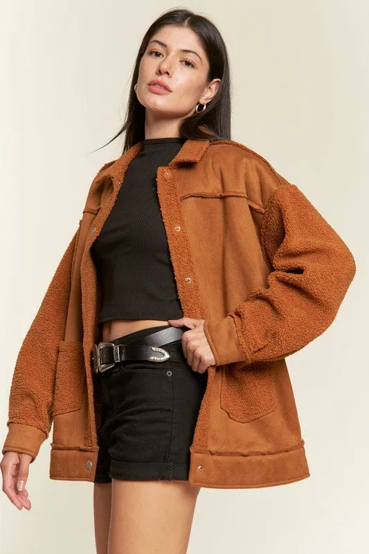 Galina Curvy Plus Faux Suede Jacket – Oversized with Sherpa Details