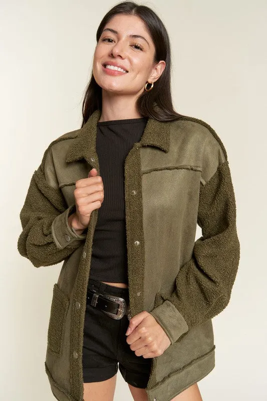 Galina Curvy Plus Faux Suede Jacket – Oversized with Sherpa Details