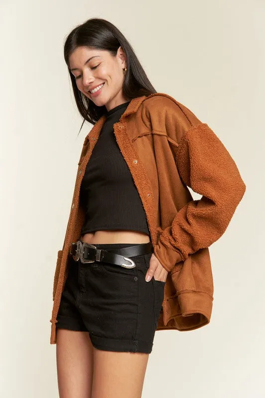 Galina Curvy Plus Faux Suede Jacket – Oversized with Sherpa Details