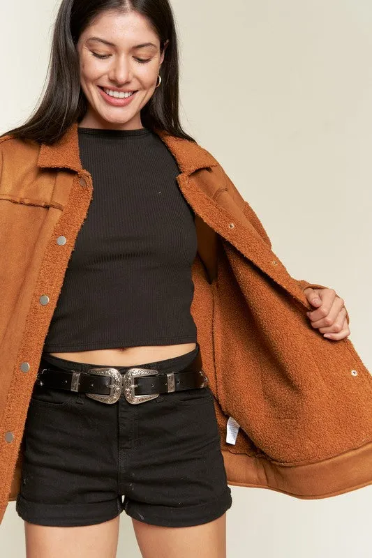 Galina Curvy Plus Faux Suede Jacket – Oversized with Sherpa Details