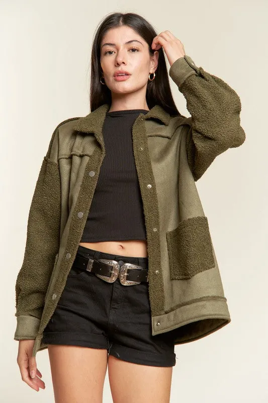 Galina Curvy Plus Faux Suede Jacket – Oversized with Sherpa Details