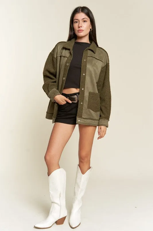 Galina Curvy Plus Faux Suede Jacket – Oversized with Sherpa Details