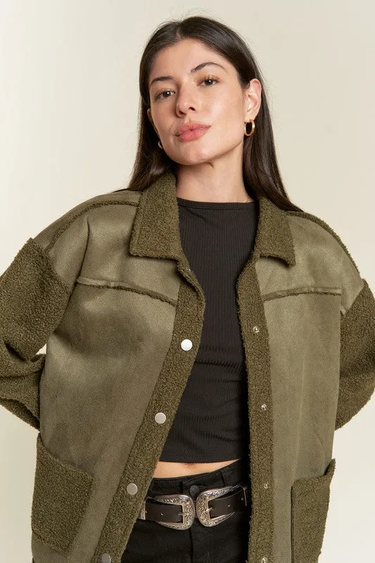 Galina Curvy Plus Faux Suede Jacket – Oversized with Sherpa Details