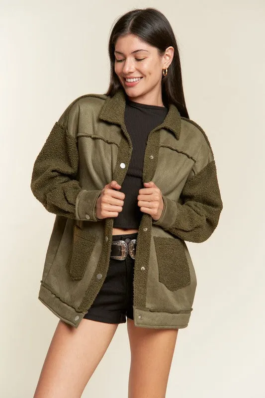 Galina Curvy Plus Faux Suede Jacket – Oversized with Sherpa Details