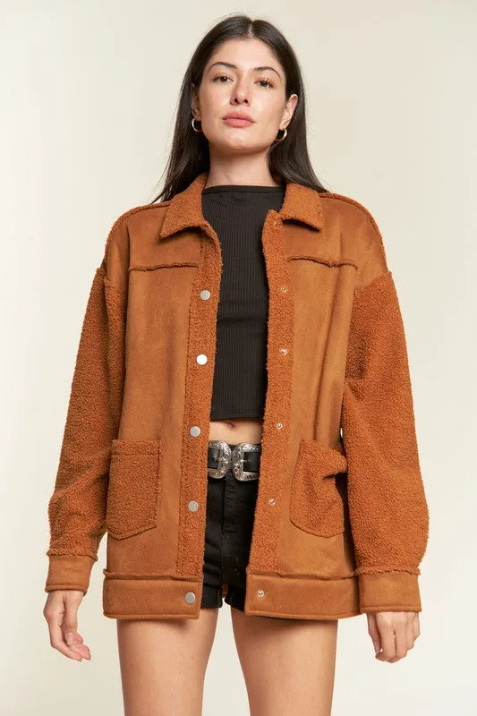 Galina Curvy Plus Faux Suede Jacket – Oversized with Sherpa Details