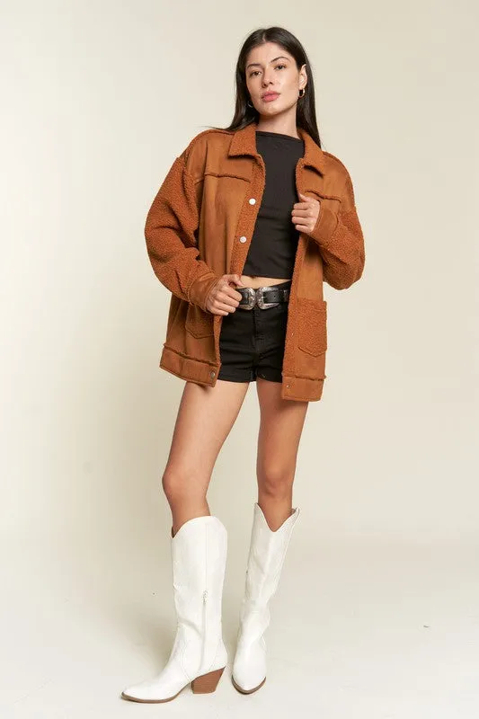 Galina Curvy Plus Faux Suede Jacket – Oversized with Sherpa Details