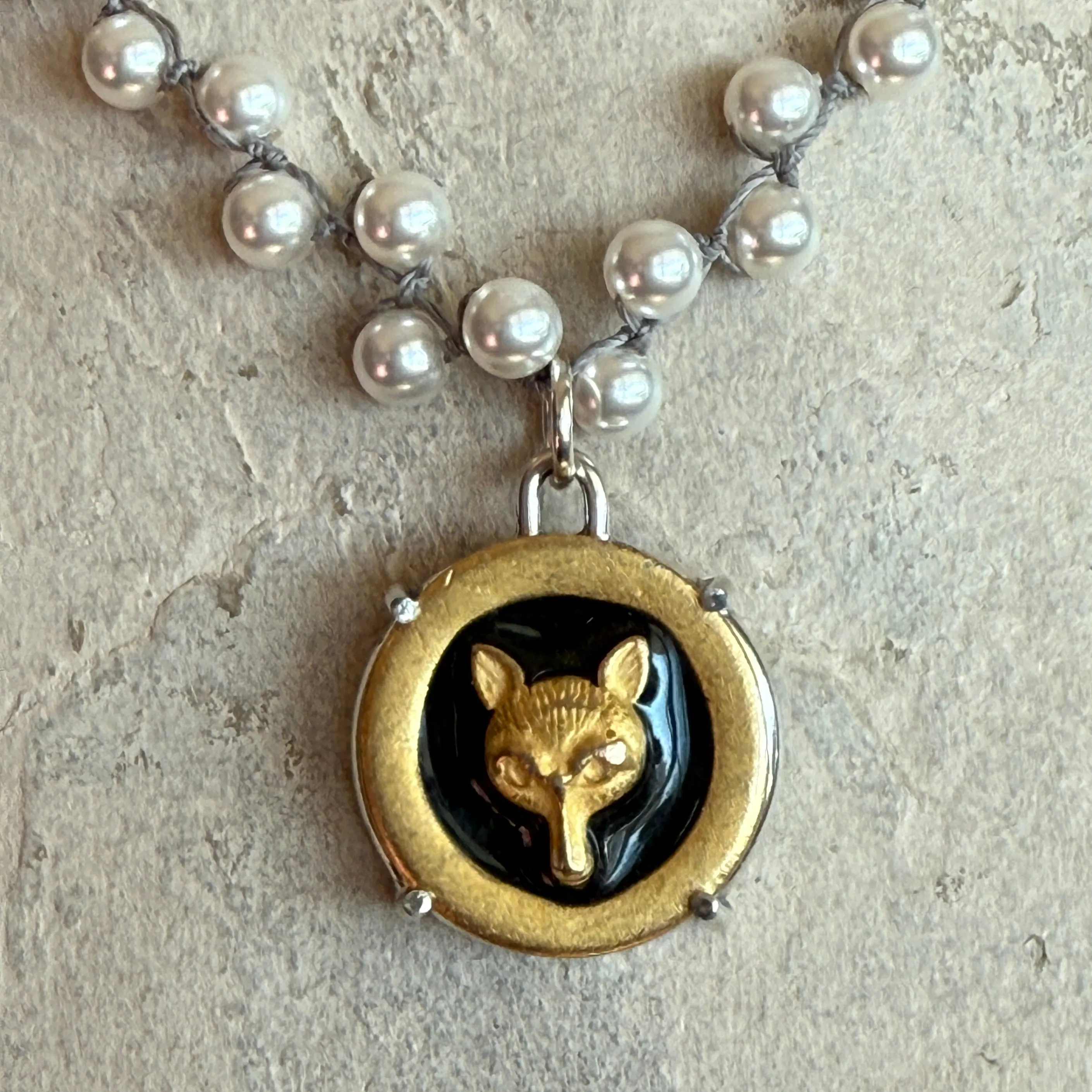 Gilded Fox Mask Enamel Button Necklace