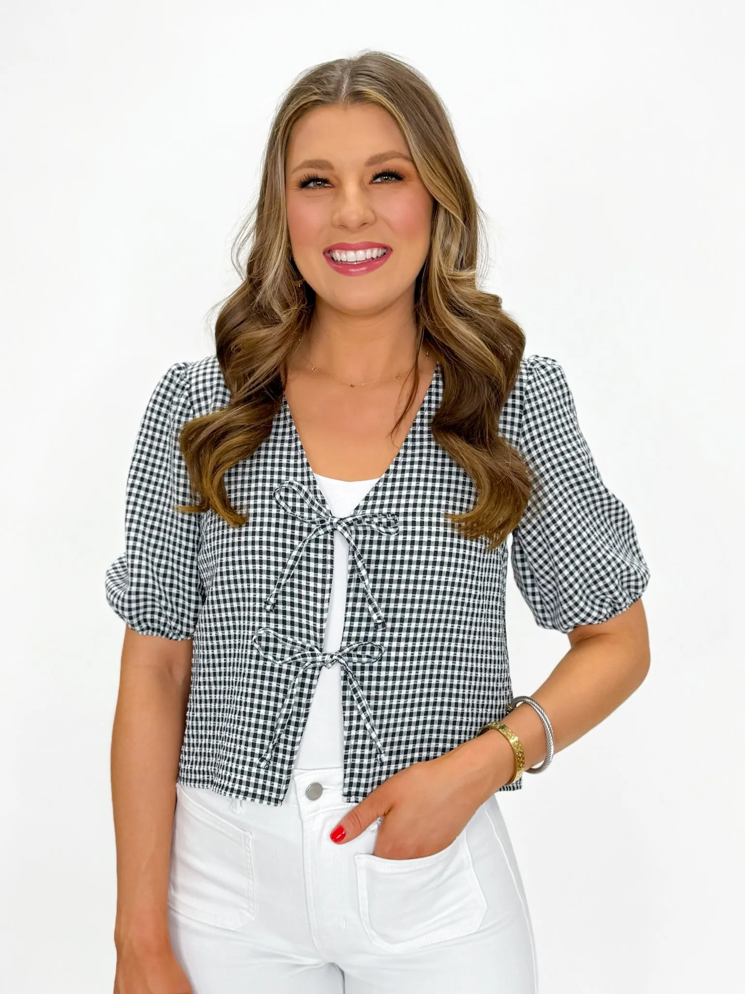 Gingham Tied V-Neck Top
