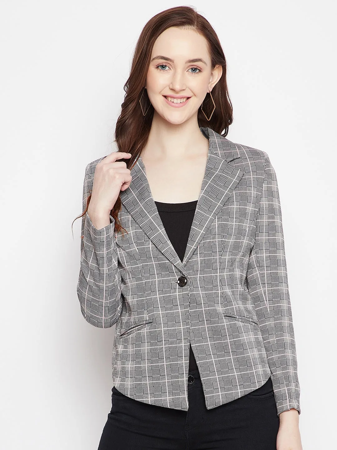 Grey Checked Notched Lapel Blazer