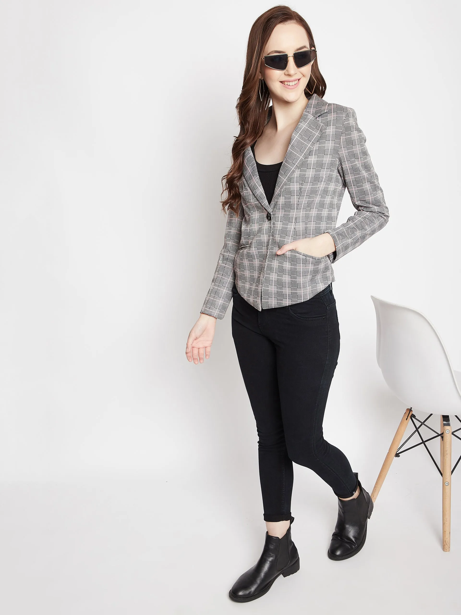 Grey Checked Notched Lapel Blazer