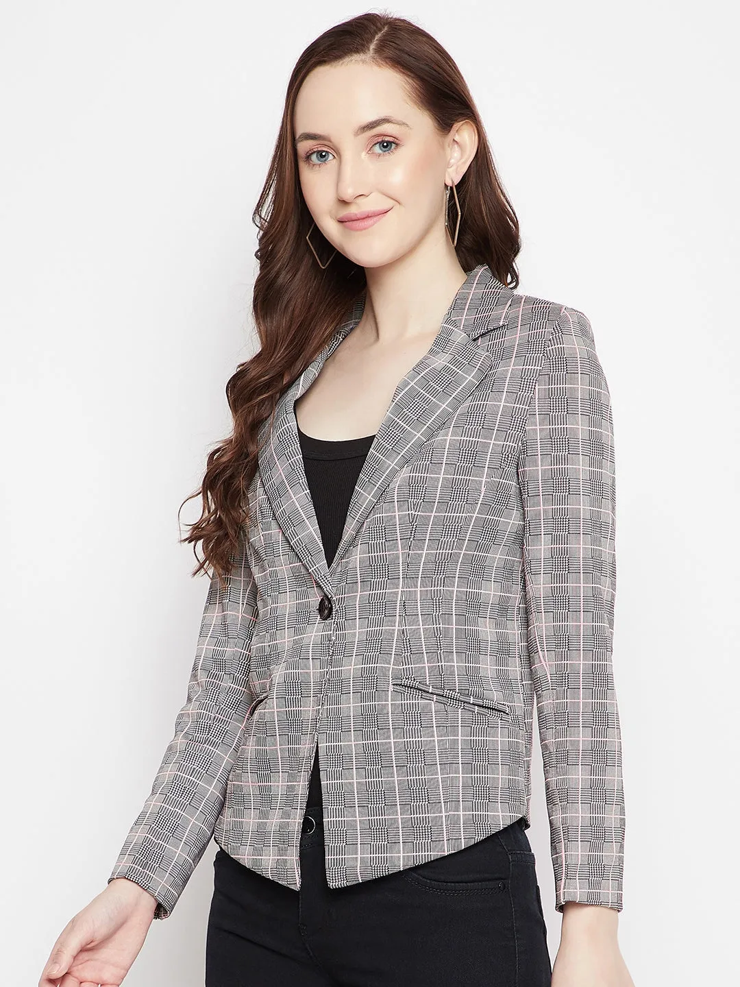 Grey Checked Notched Lapel Blazer