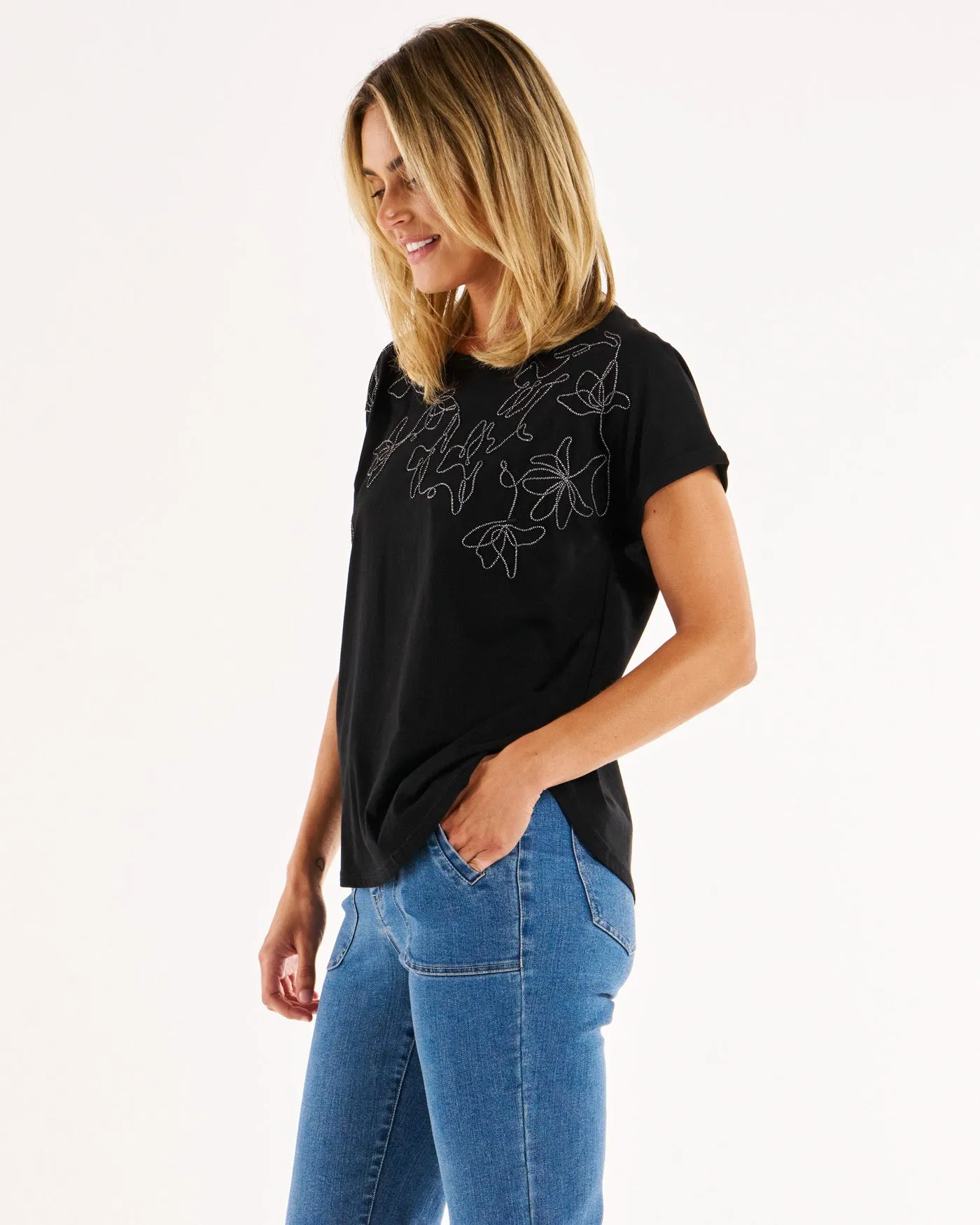 Hailey Short Sleeve Tee - Black Embellished