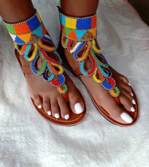 Handmade African Beaded Sandals/Authentic Maasai-Style Leather Flip-Flops Women/Boho Beach Sandals/Comfortable Summer Sandal African Gifts