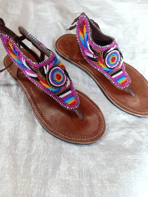 Handmade African Beaded Sandals/Authentic Maasai-Style Leather Flip-Flops Women/Boho Beach Sandals/Comfortable Summer Sandal African Gifts