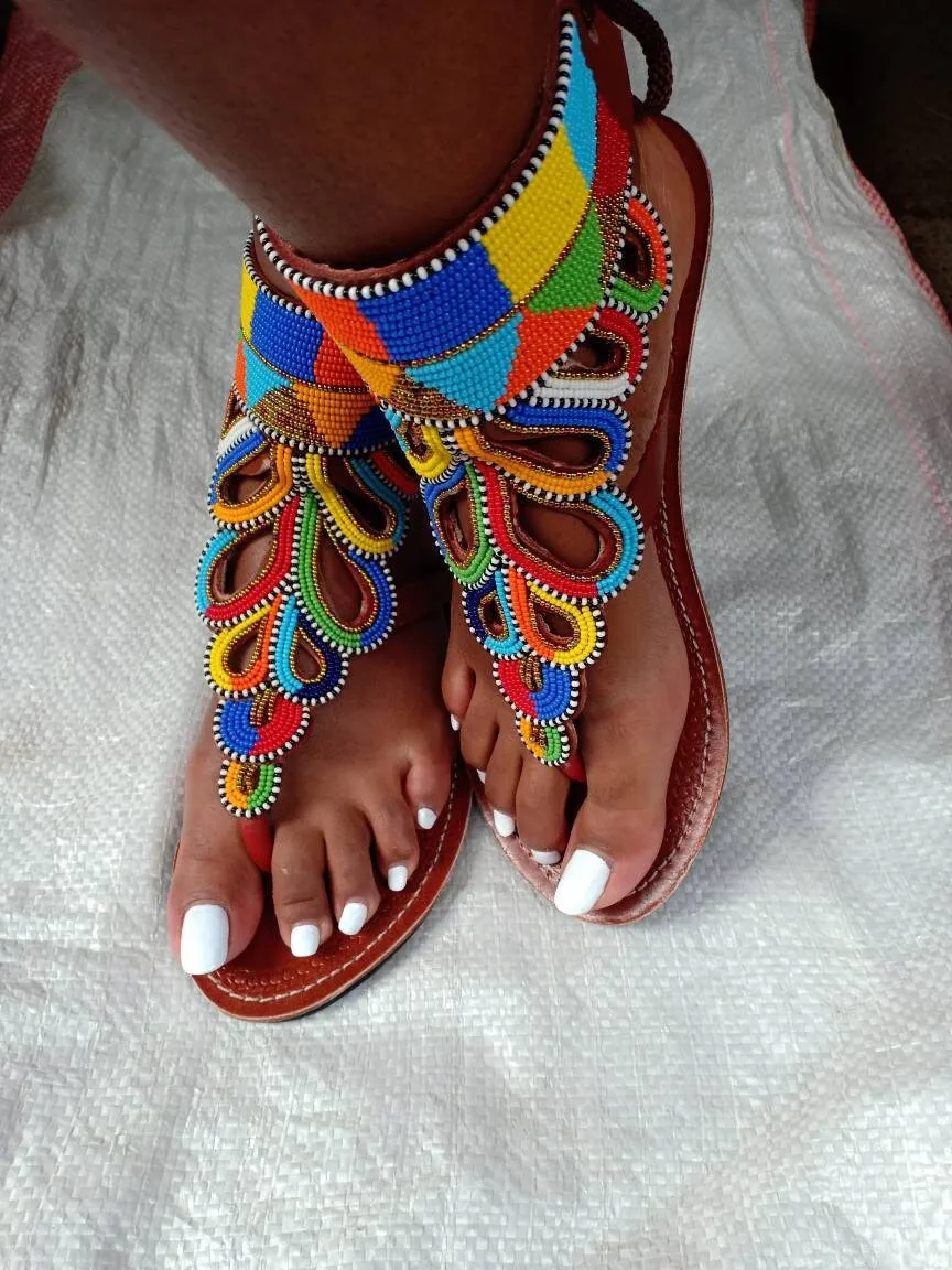 Handmade African Beaded Sandals/Authentic Maasai-Style Leather Flip-Flops Women/Boho Beach Sandals/Comfortable Summer Sandal African Gifts