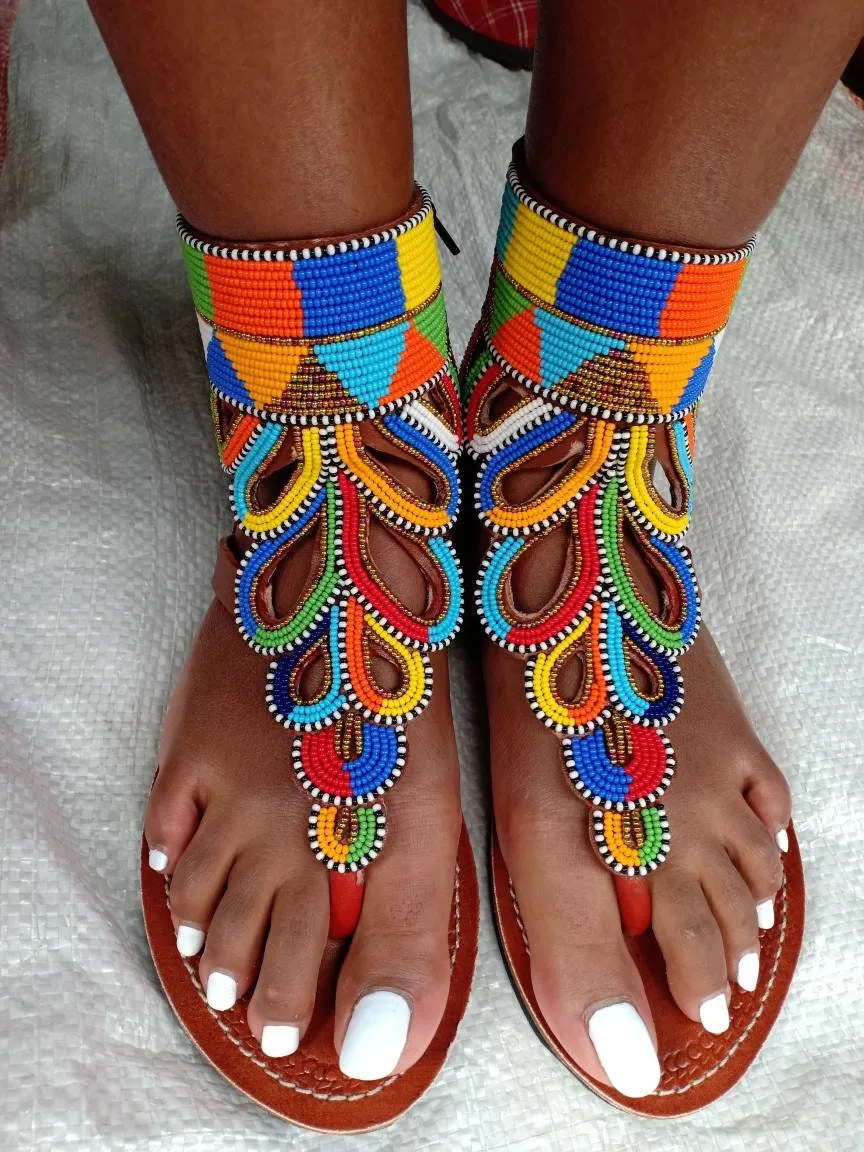 Handmade African Beaded Sandals/Authentic Maasai-Style Leather Flip-Flops Women/Boho Beach Sandals/Comfortable Summer Sandal African Gifts