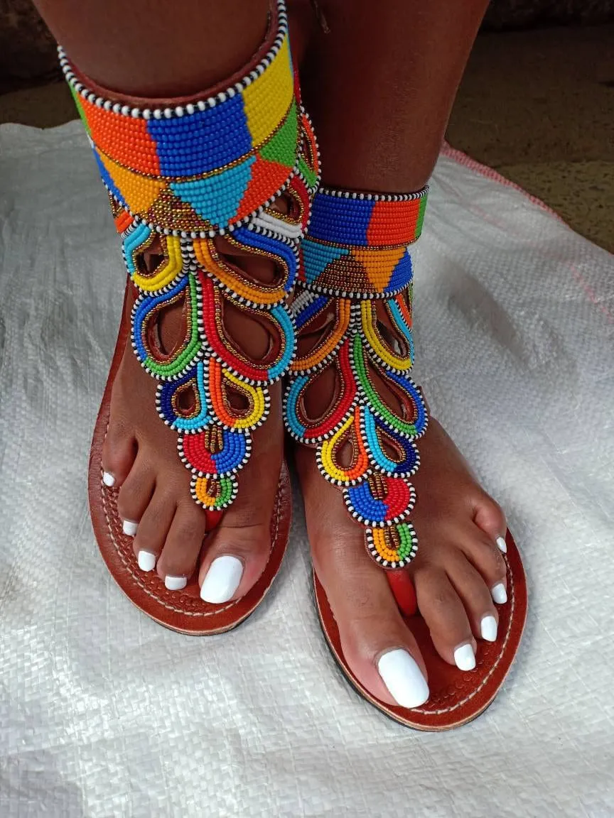 Handmade African Beaded Sandals/Authentic Maasai-Style Leather Flip-Flops Women/Boho Beach Sandals/Comfortable Summer Sandal African Gifts