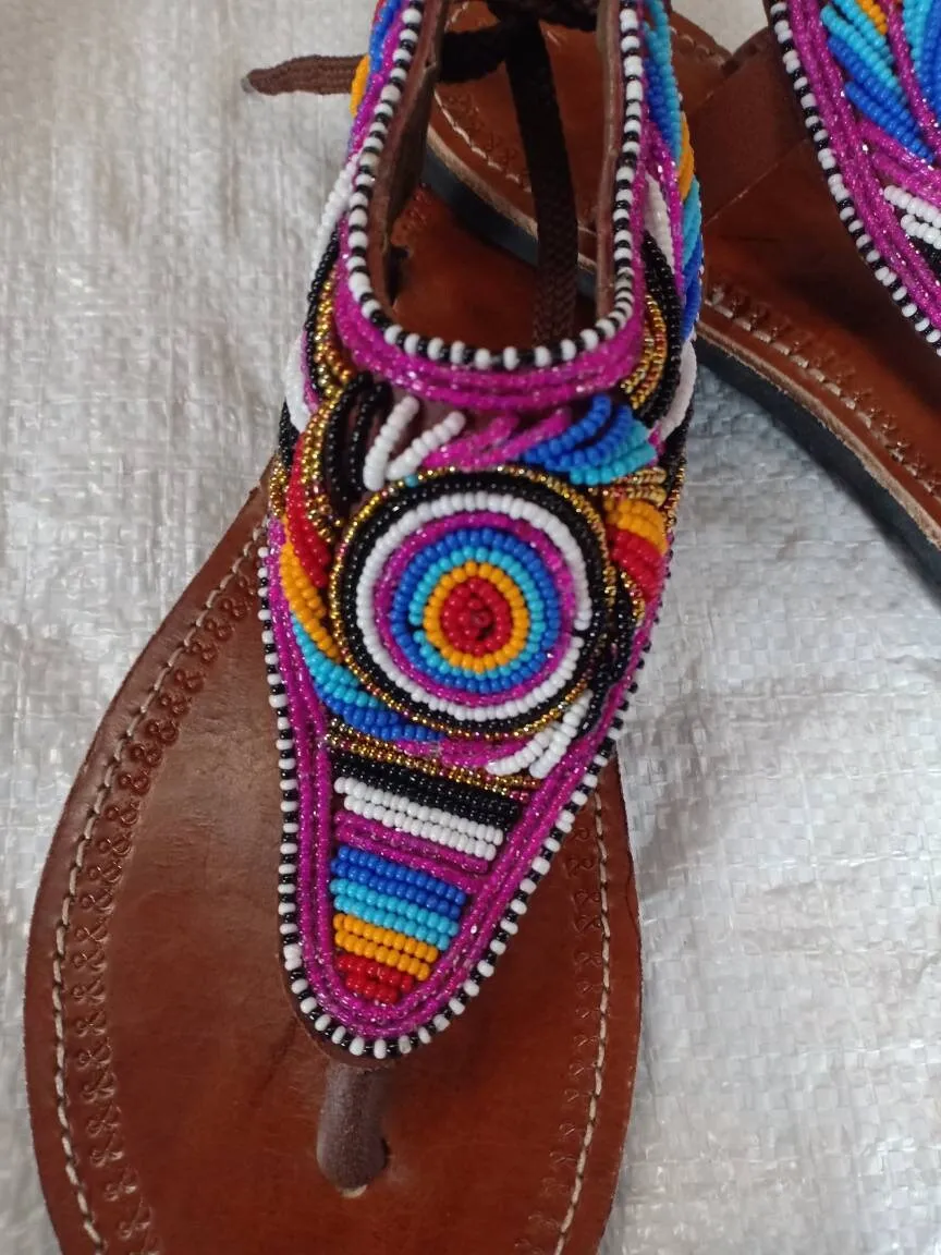 Handmade African Beaded Sandals/Authentic Maasai-Style Leather Flip-Flops Women/Boho Beach Sandals/Comfortable Summer Sandal African Gifts