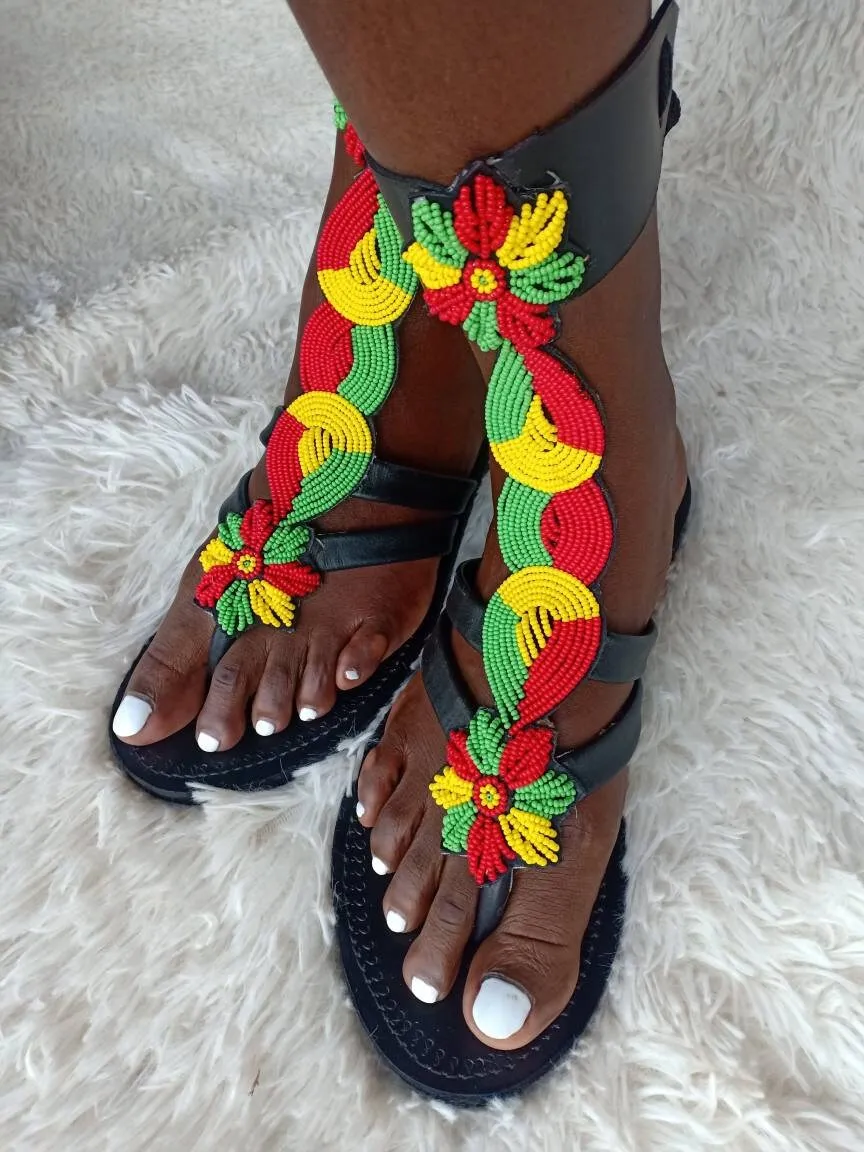 Handmade African Beaded Sandals/Authentic Maasai-Style Leather Flip-Flops Women/Boho Beach Sandals/Comfortable Summer Sandal African Gifts