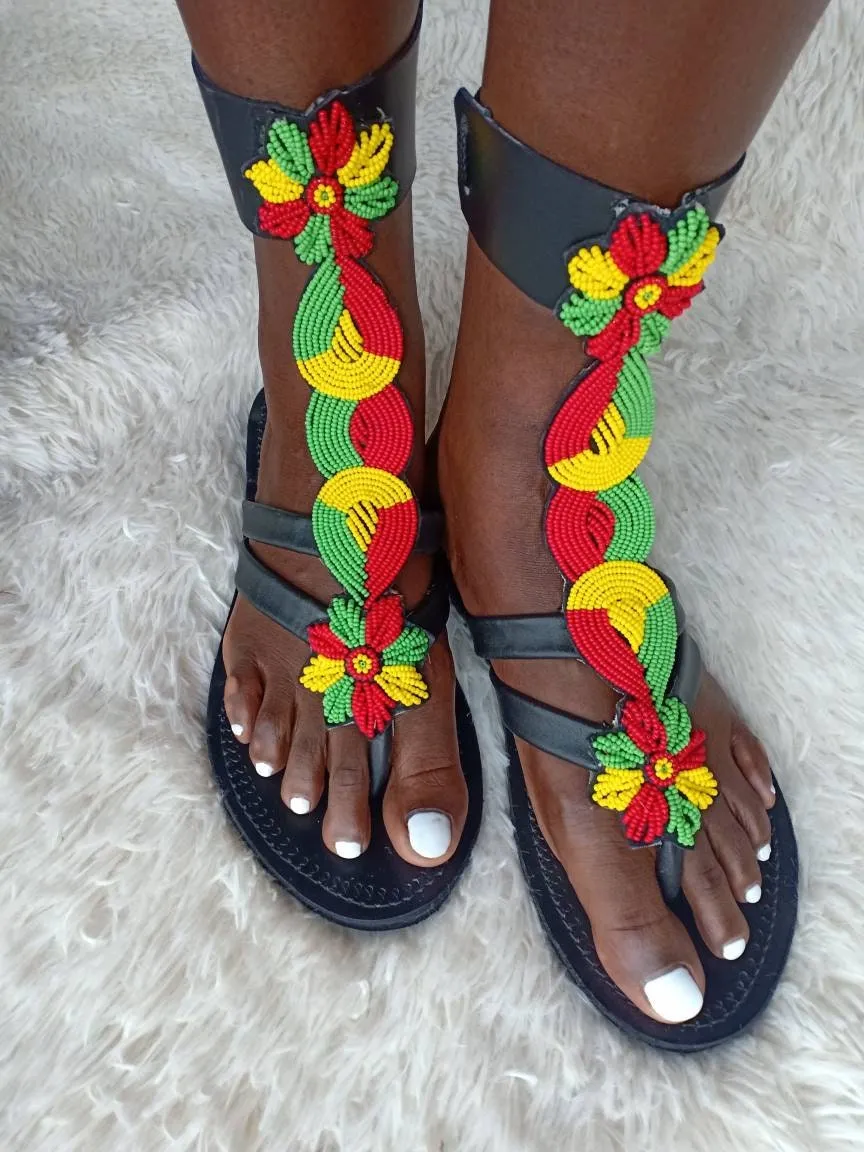 Handmade African Beaded Sandals/Authentic Maasai-Style Leather Flip-Flops Women/Boho Beach Sandals/Comfortable Summer Sandal African Gifts