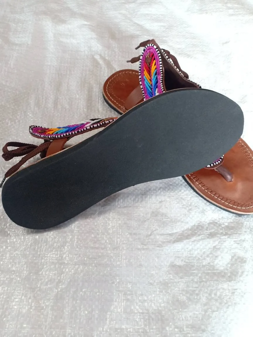 Handmade African Beaded Sandals/Authentic Maasai-Style Leather Flip-Flops Women/Boho Beach Sandals/Comfortable Summer Sandal African Gifts