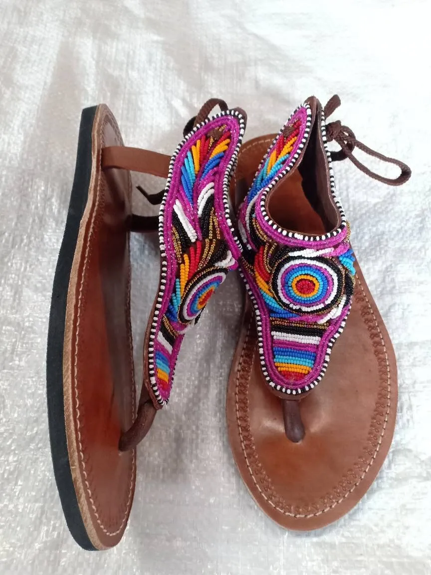 Handmade African Beaded Sandals/Authentic Maasai-Style Leather Flip-Flops Women/Boho Beach Sandals/Comfortable Summer Sandal African Gifts