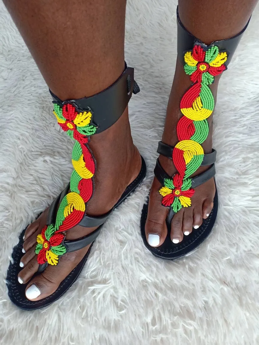 Handmade African Beaded Sandals/Authentic Maasai-Style Leather Flip-Flops Women/Boho Beach Sandals/Comfortable Summer Sandal African Gifts