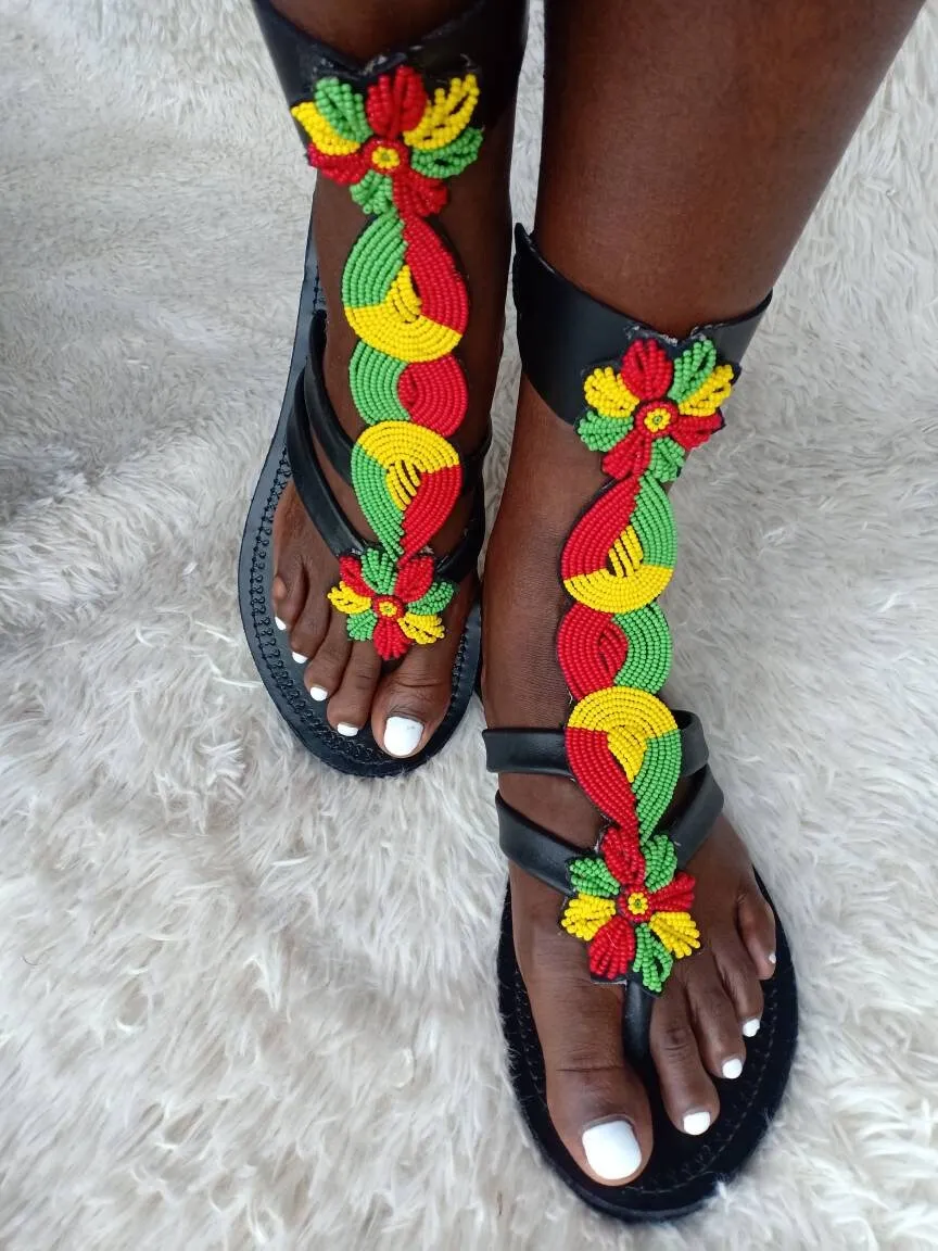 Handmade African Beaded Sandals/Authentic Maasai-Style Leather Flip-Flops Women/Boho Beach Sandals/Comfortable Summer Sandal African Gifts
