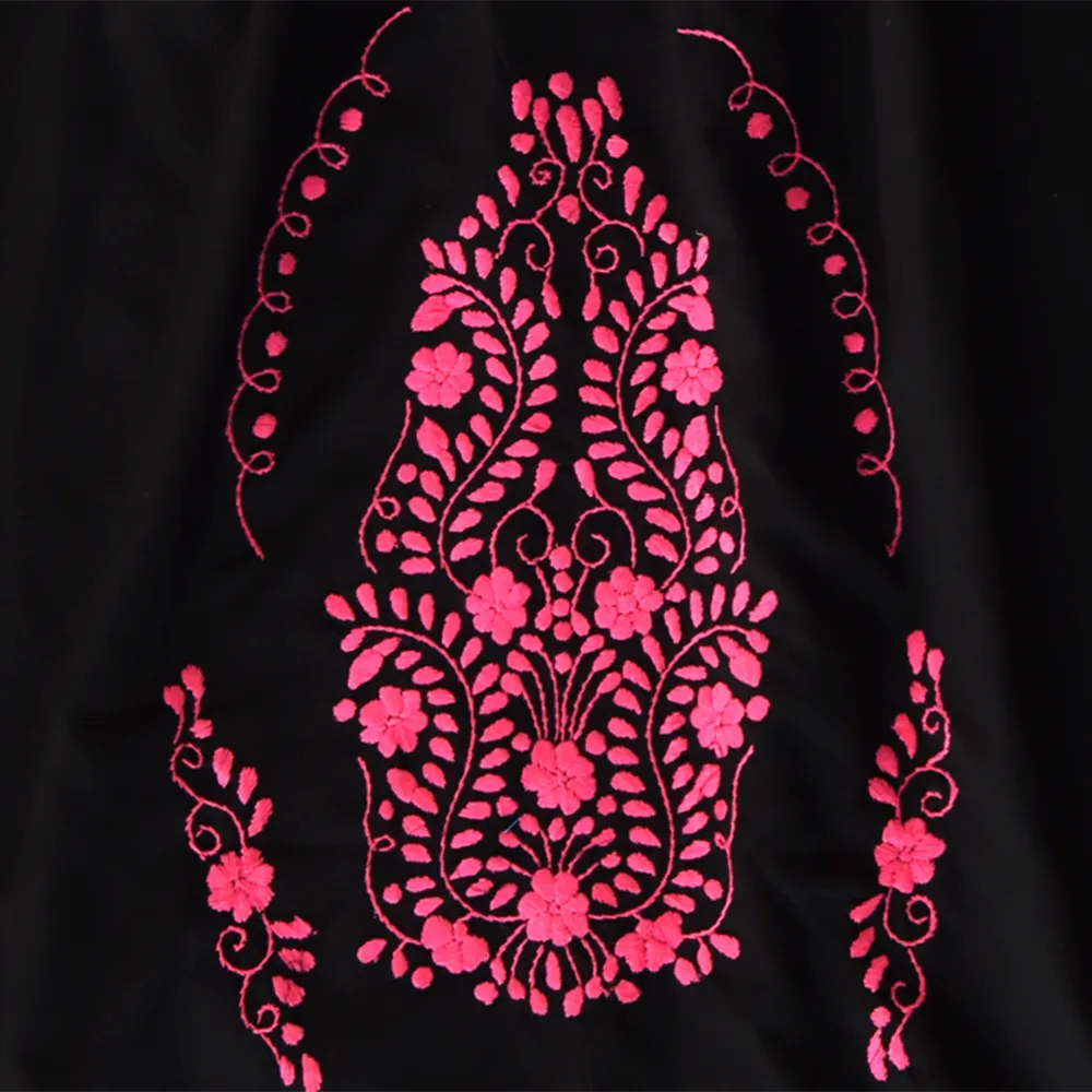 Handmade Loose Black Dress, Hot Pink Embroidery.