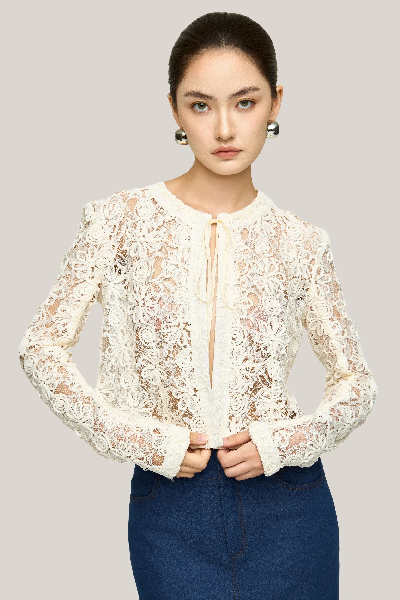 HOBB • Lacen Cropped Long Sleeved Lace Jacket
