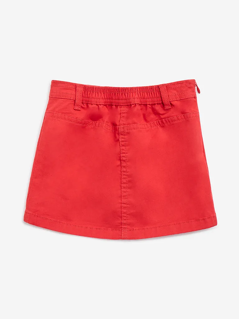 HOP Kids Red Embroidered High-Rise Cotton Skirt