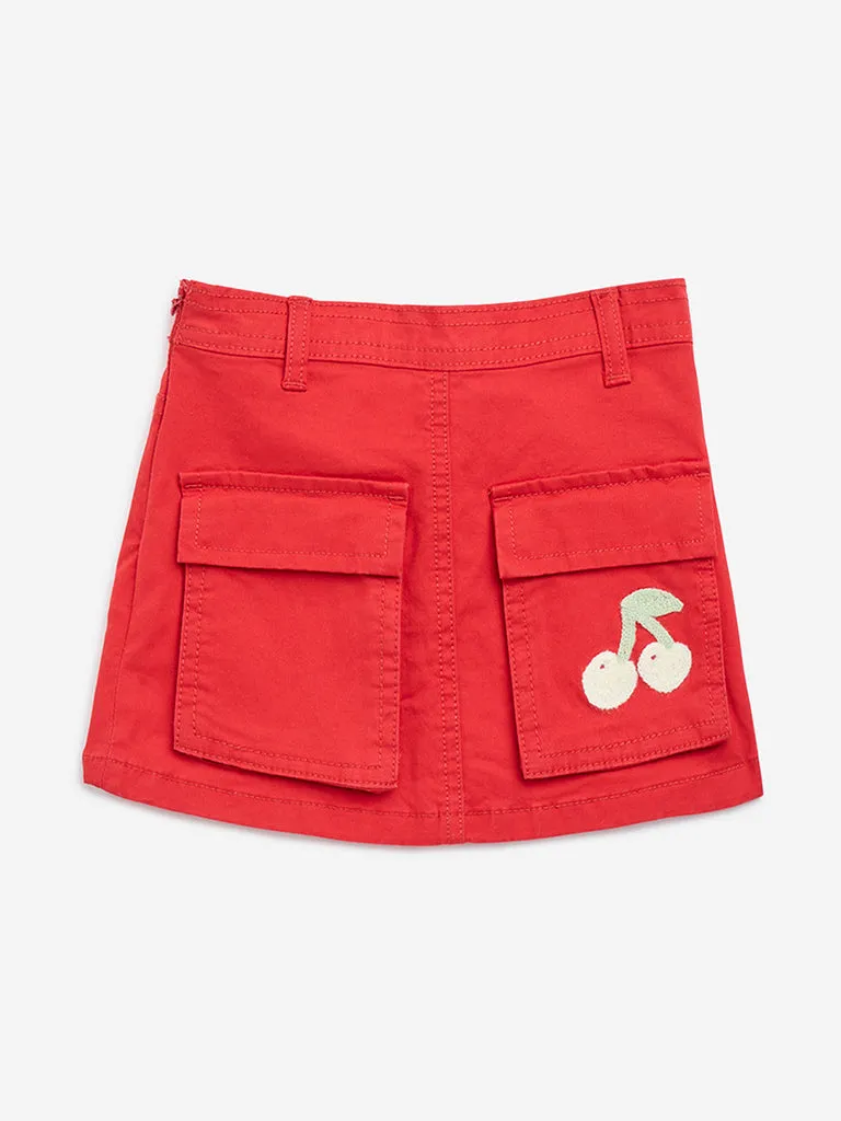 HOP Kids Red Embroidered High-Rise Cotton Skirt